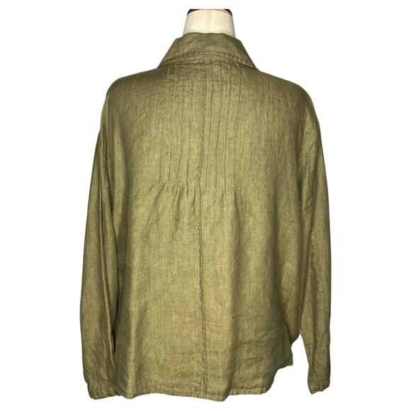 Breathe Clothing Blouse Sz L XL Washed Olive Handmade Linen Poet's Shirt Pleated - Picture 3 of 8